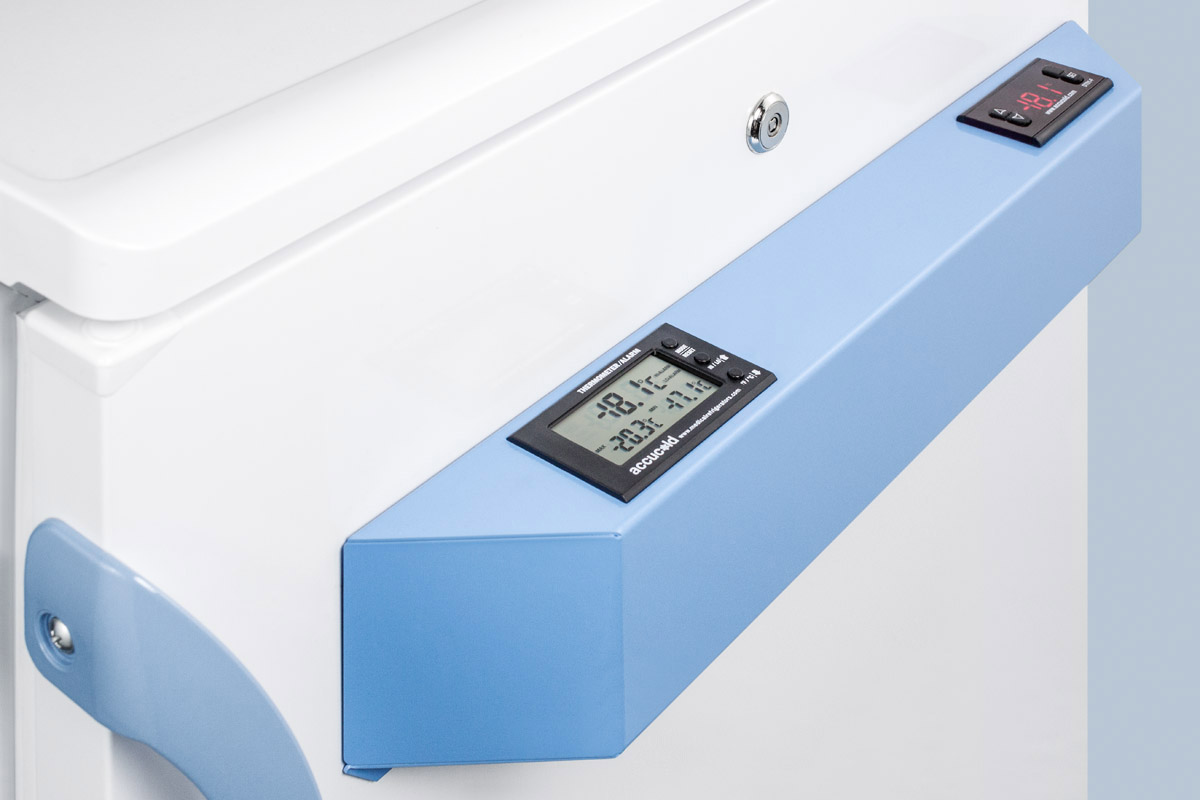 Built-in undercounter medical/scientific -25 C capable all-freezer with front control panel equipped with a digital thermostat and NIST calibrated thermometer/alarm